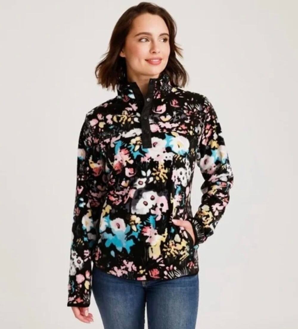 Vera Bradley Womens L Black Multi Artists Garden Snap Collar Fleece Pullover